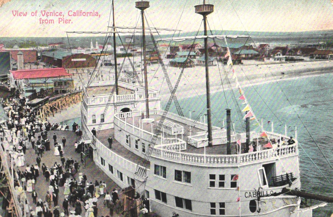 Postcard view from the pier of the ship Cabrillo with crowds of people in Venice, California c.: You are bidding on an original postcard and not a reprint. Please view photos for further description and condition considerations. Please know the scans may be darker or lighter than the actual item'