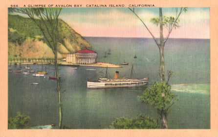 Postcard showing the iconic Casino building and steamship in Avalon Bay, Catalina Island, California