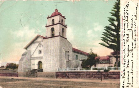 Postcard view of the Mission San Buenaventura in Ventura, California, with its bell tower c. 1908