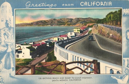 Linen postcard showing the Bathing Beach and Ramp to the Coast Highway in Santa Monica, California.