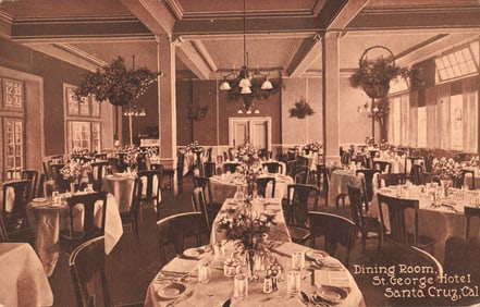 Postcard showing the elegant Dining Room of the St. George Hotel in Santa Cruz, California. c. 1914