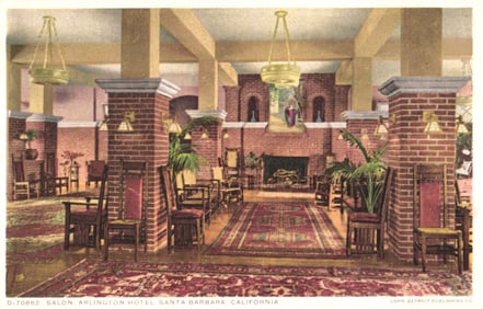 Detroit Publishing Co. postcard of the Arlington Hotel Salon in Santa Barbara, California c. 1910s.