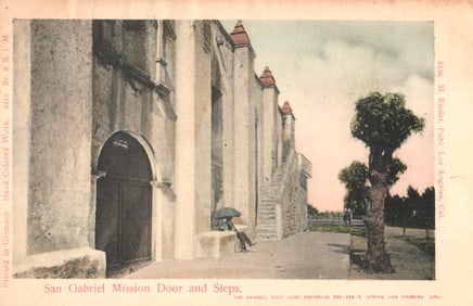Hand-colored postcard of the San Gabriel Mission Door and Steps, historic view in California c.