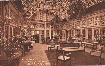 Postcard showing the elegant Palm Room interior at the St. George Hotel in Santa Cruz, California,
