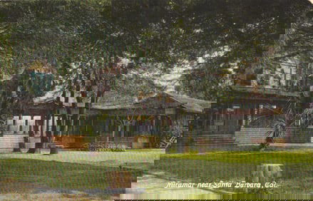 Postcard view of the Miramar Hotel with its wide verandas and lush grounds near Santa Barbara,