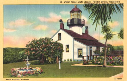 Postcard of Point Pinos Light House in Pacific Grove, California with gardens and fountain, 1930s