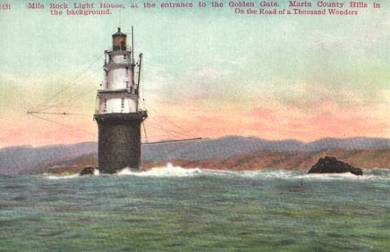 Postcard view of Mile Rock Light House, Golden Gate entrance, Marin County Hills, California c1910