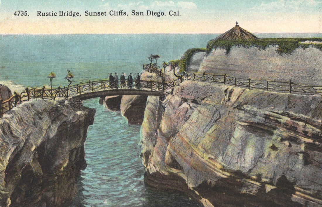 Postcard showing the scenic Rustic Bridge over a chasm at Sunset Cliffs, San Diego, California c.: Please view photos for further description and condition considerations. Please know the scans may be darker or lighter than the actual item's true appearance. ACME Auctions offers FREE DOMESTIC SHIPP