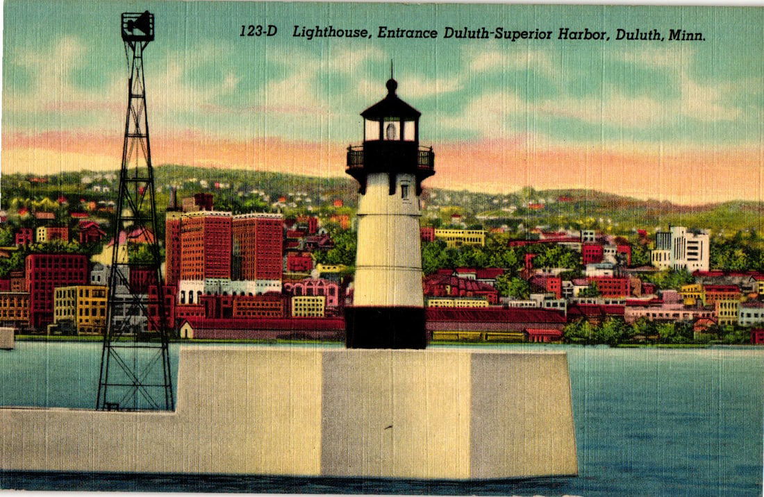 Linen postcard of the Lighthouse at the entrance to the Duluth-Superior Harbor, Duluth, Minnesota: Please view photos for further description and condition considerations. Please know the scans may be darker or lighter than the actual item's true appearance. ACME Auctions offers FREE DOMESTIC SHIPP