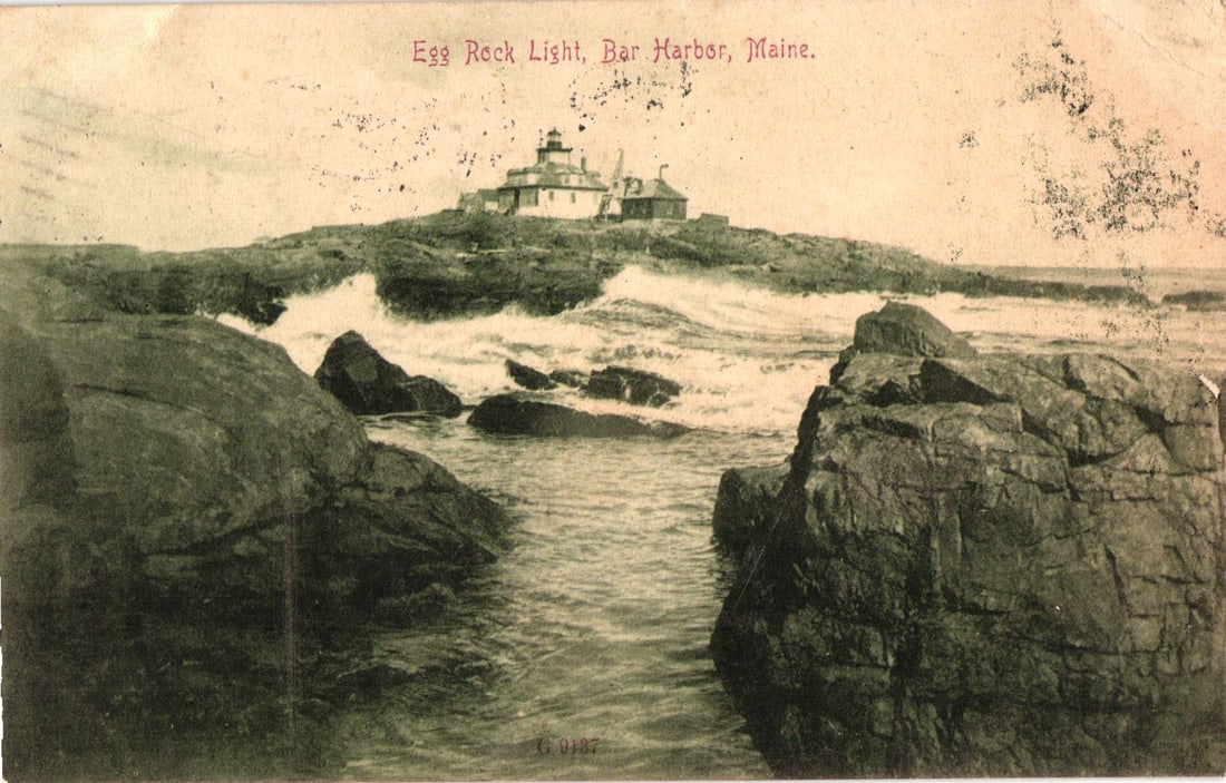 Postcard showing the Egg Rock Light lighthouse with waves crashing on the rocky coast, Bar Harbor,: Please view photos for further description and condition considerations. Please know the scans may be darker or lighter than the actual item's true appearance. ACME Auctions offers FREE DOMESTIC SHIPP