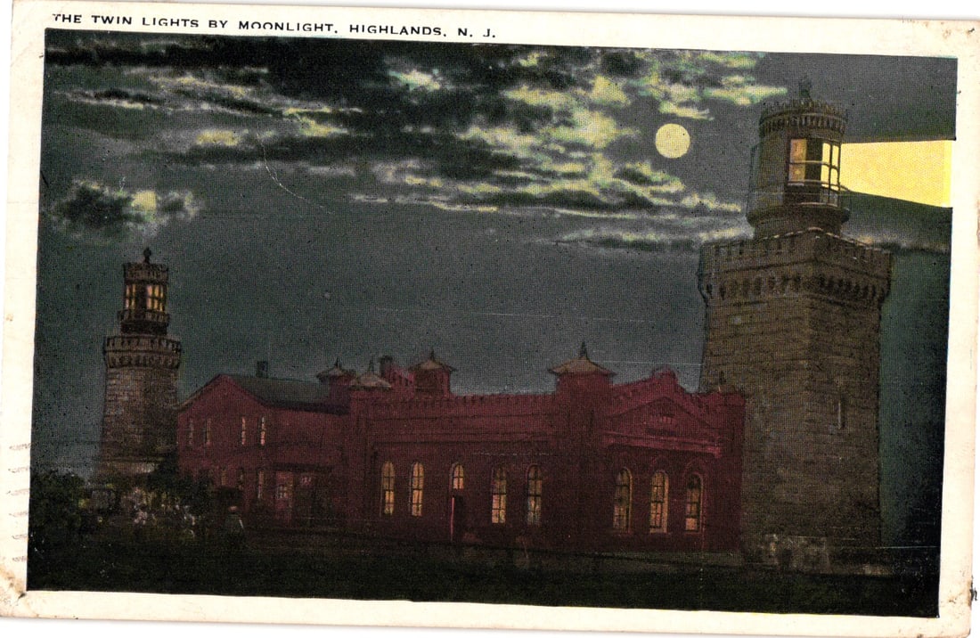 Postcard showing The Twin Lights by Moonlight, a historic lighthouse in Highlands, New Jersey, 1910s: Please view photos for further description and condition considerations. Please know the scans may be darker or lighter than the actual item's true appearance. ACME Auctions offers FREE DOMESTIC SHIPP