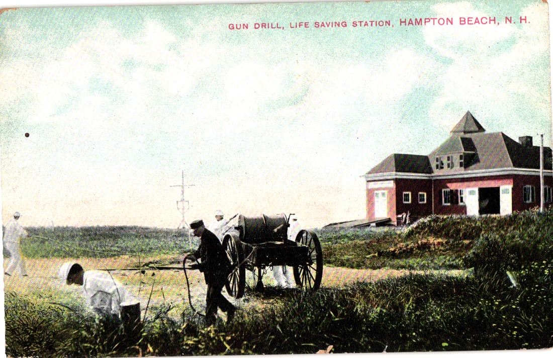 Postcard of U.S. Life-Saving Service gun drill at the station in Hampton Beach, New Hampshire: Please view photos for further description and condition considerations. Please know the scans may be darker or lighter than the actual item's true appearance. ACME Auctions offers FREE DOMESTIC SHIPP