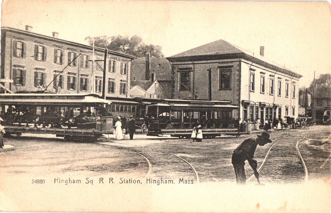 Postcard of Hingham Square Railroad Station in Hingham, Mass. showing a busy trolley car scene 1907. (1 of 2)
