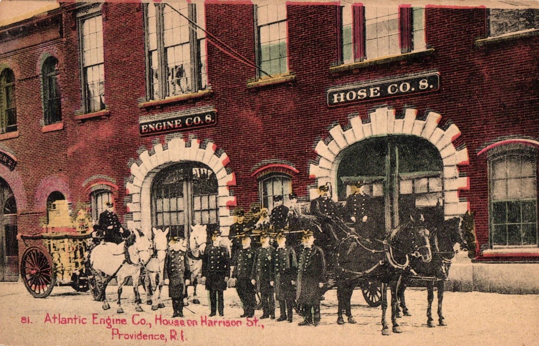 Postcard showing Atlantic Engine Co. & Hose Co. No. 8 Fire House on Harrison St., Providence, RI. (1 of 2)