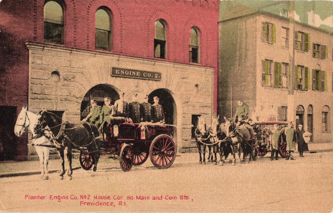 Providence, Rhode Island postcard showing Pioneer Engine Co. No. 2, horse-drawn steam pumper c. 1905: Please view photos for further description and condition considerations. Please know the scans may be darker or lighter than the actual item's true appearance. ACME Auctions offers FREE DOMESTIC SHIPP
