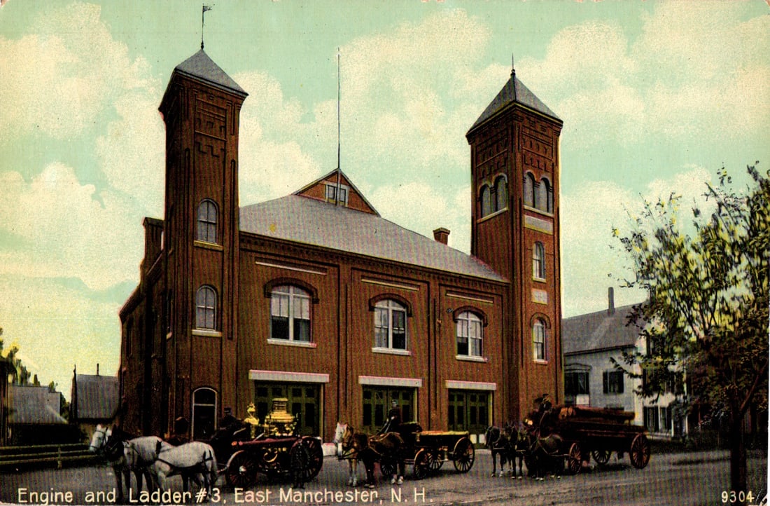 Postcard view of Engine & Ladder #3 Fire Station with horse-drawn apparatus in East Manchester, NH. (1 of 2)