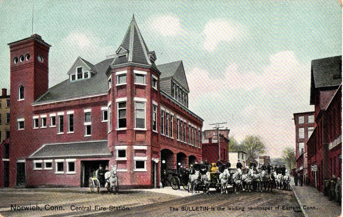 1909 Souvenir Postcard of Norwich, Connecticut's Central Fire Station with its horse-drawn engines. (1 of 2)