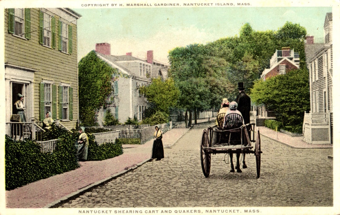 Postcard showing a Nantucket Shearing Cart with Quakers on a cobblestone street in Nantucket, Mass.: Please view photos for further description and condition considerations. Please know the scans may be darker or lighter than the actual item's true appearance. ACME Auctions offers FREE DOMESTIC SHIPP