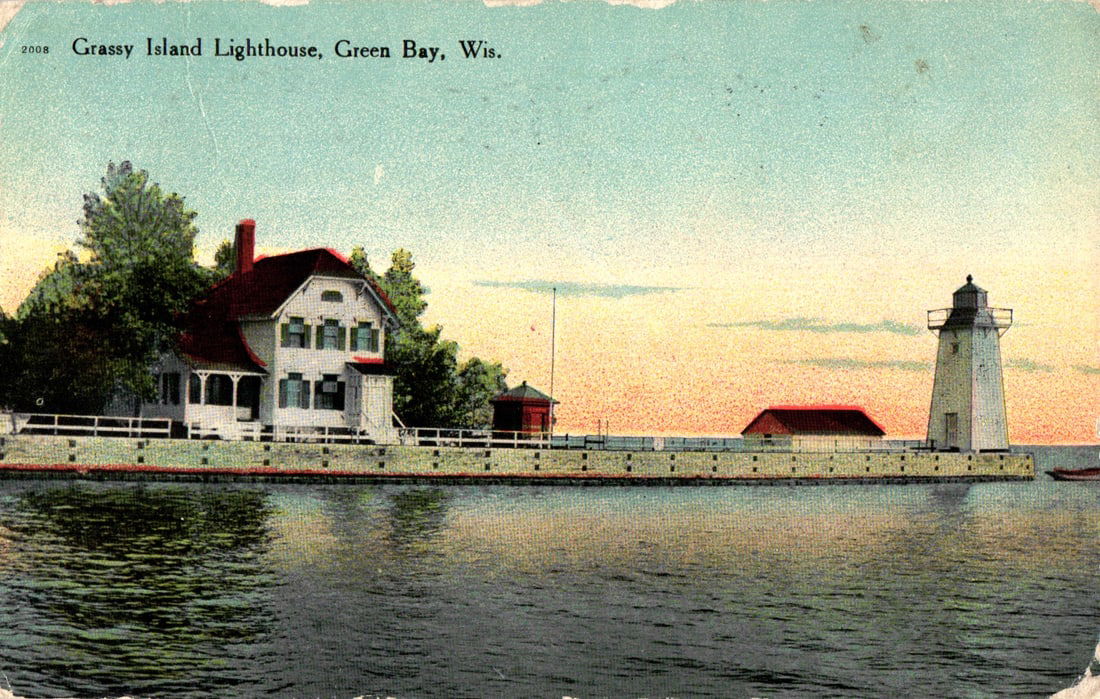 Postcard showing the historic Grassy Island Lighthouse and keeper's house in Green Bay, Wisconsin c. (1 of 2)