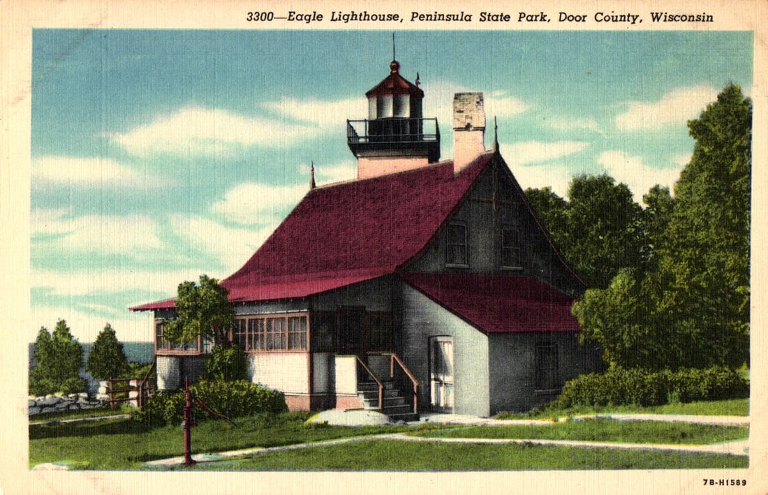 Postcard of Eagle Lighthouse in Peninsula State Park, Door County, Wisconsin. A scenic view circa (1 of 2)