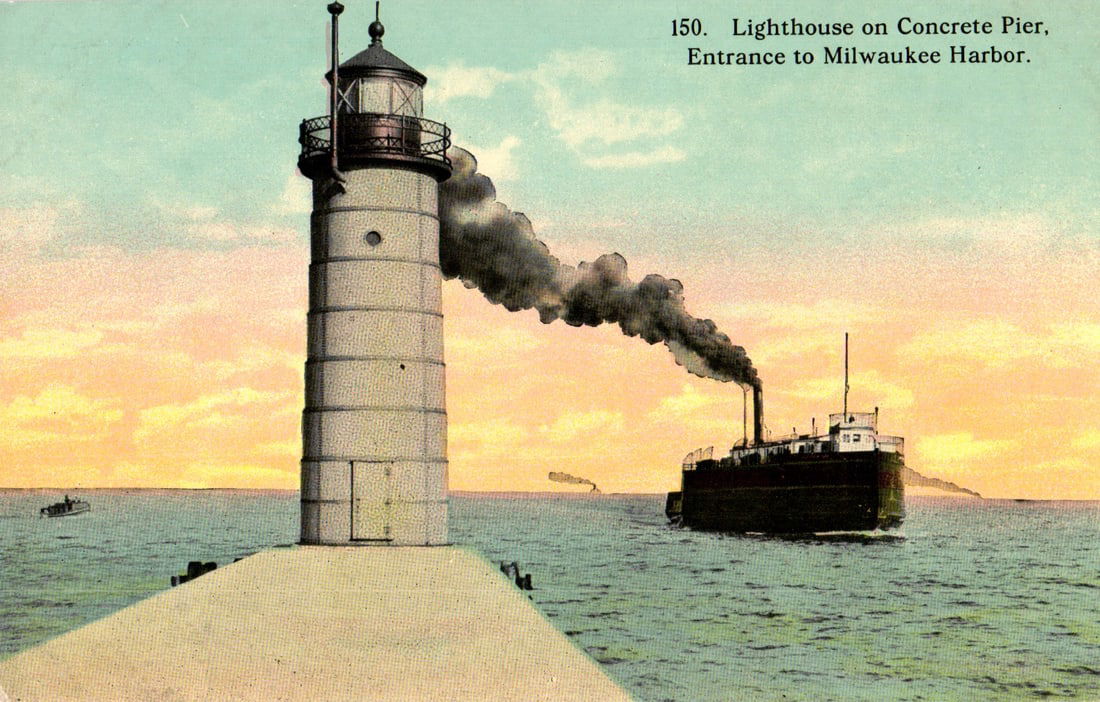 Postcard showing the Lighthouse on Concrete Pier with steamship, entrance to Milwaukee Harbor, WI.: Please view photos for further description and condition considerations. Please know the scans may be darker or lighter than the actual item's true appearance. ACME Auctions offers FREE DOMESTIC SHIPP