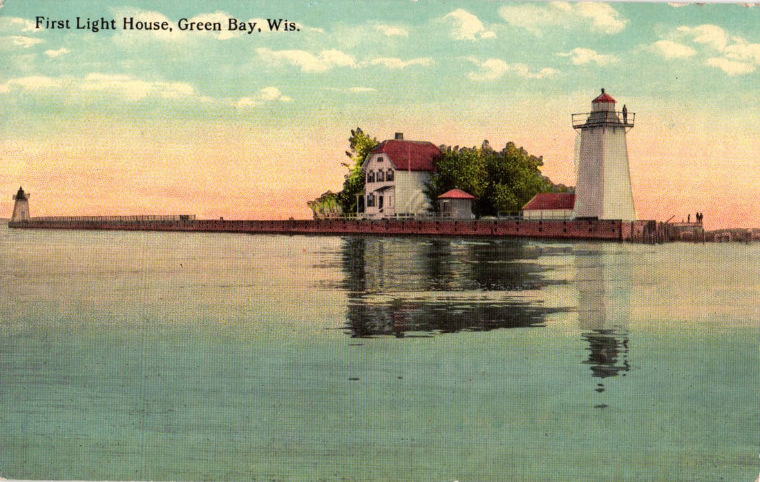 Postcard depicting the First Light House in Green Bay, Wisconsin with its reflection, circa 1910s: Please view photos for further description and condition considerations. Please know the scans may be darker or lighter than the actual item's true appearance. ACME Auctions offers FREE DOMESTIC SHIPP