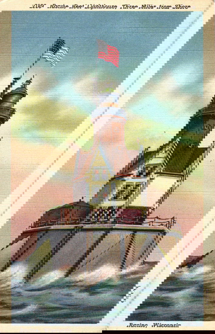 Postcard showing the Racine Reef Lighthouse three miles from shore, published by Bishop Post Card: Please view photos for further description and condition considerations. Please know the scans may be darker or lighter than the actual item's true appearance. ACME Auctions offers FREE DOMESTIC SHIPP