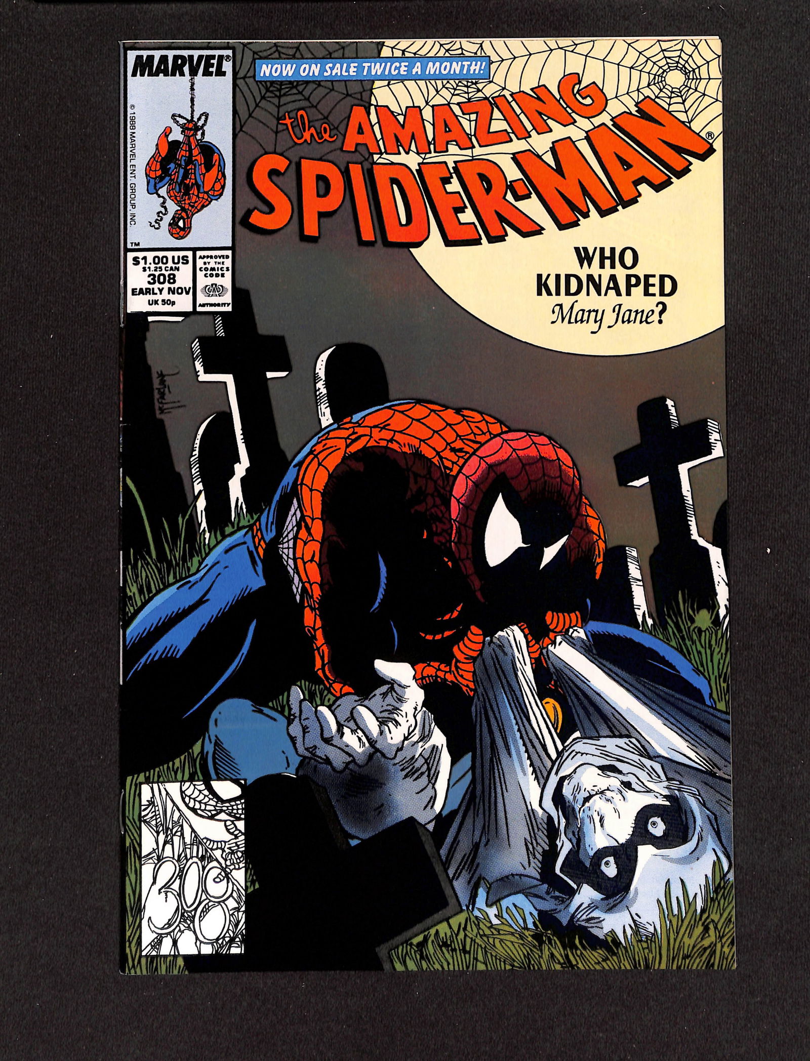Amazing Spider-Man #308 Marvel Comics 1988 featuring the classic graveyard cover by Todd McFarlane: Please view photos for further description and condition considerations. Please know the scans may be darker or lighter than the actual item's true appearance. ACME Auctions combines shipping on multi