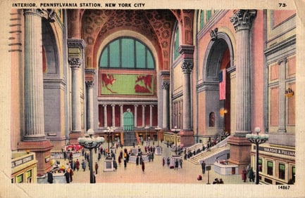 Linen Postcard showing the magnificent grand concourse interior of Pennsylvania Station, New York