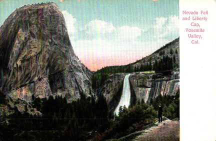 Postcard view of Nevada Fall and Liberty Cap in Yosemite Valley, California. Early 20th century