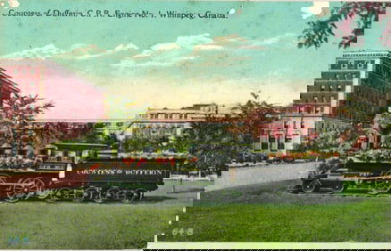 Postcard showing the Countess of Dufferin, C.P.R. Engine No. 1, displayed on a lawn in Winnipeg,