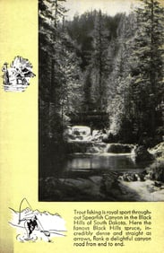 Burlington Route postcard shows a fisherman trout fishing in Spearfish Canyon, Black Hills of South