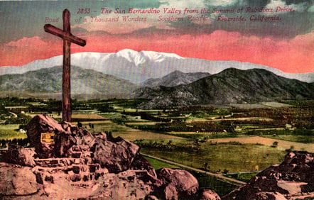 Postcard showing the San Bernardino Valley from the summit of Rabidoux Drive in Riverside,