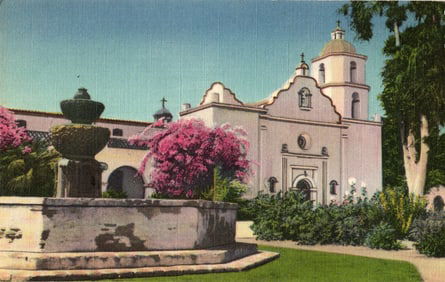 Postcard showing the Famed Mission San Luis Rey and gardens on The King's Highway in California.