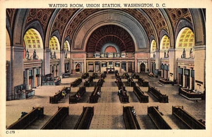 Linen postcard showing the grand, ornate Waiting Room at Union Station in Washington, D. C. 1940s
