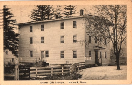 Postcard showing the Shaker Gift Shoppe in Hancock, Massachusetts. A view of the large building. c.