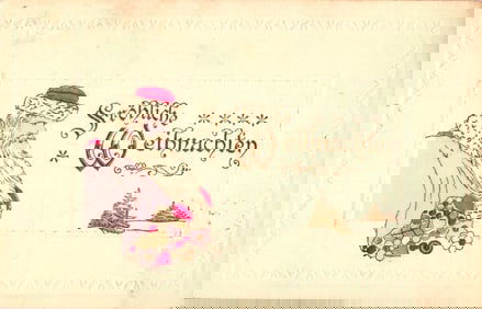 German postcard with Santa Claus and toys wishing 'Fröhliche Weihnachten', embossed border c. 1916