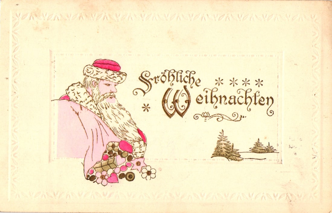 German postcard with Santa Claus and toys wishing 'Fröhliche Weihnachten', embossed border c. 1916 (1 of 2)