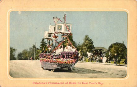 Postcard of an Ohio floral ship float in the Pasadena Tournament of Roses parade, California c.