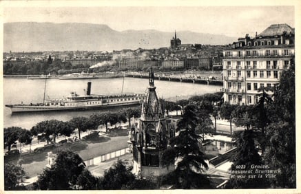Postcard of Geneva, Switzerland featuring the iconic Brunswick Monument and a view of the city c.