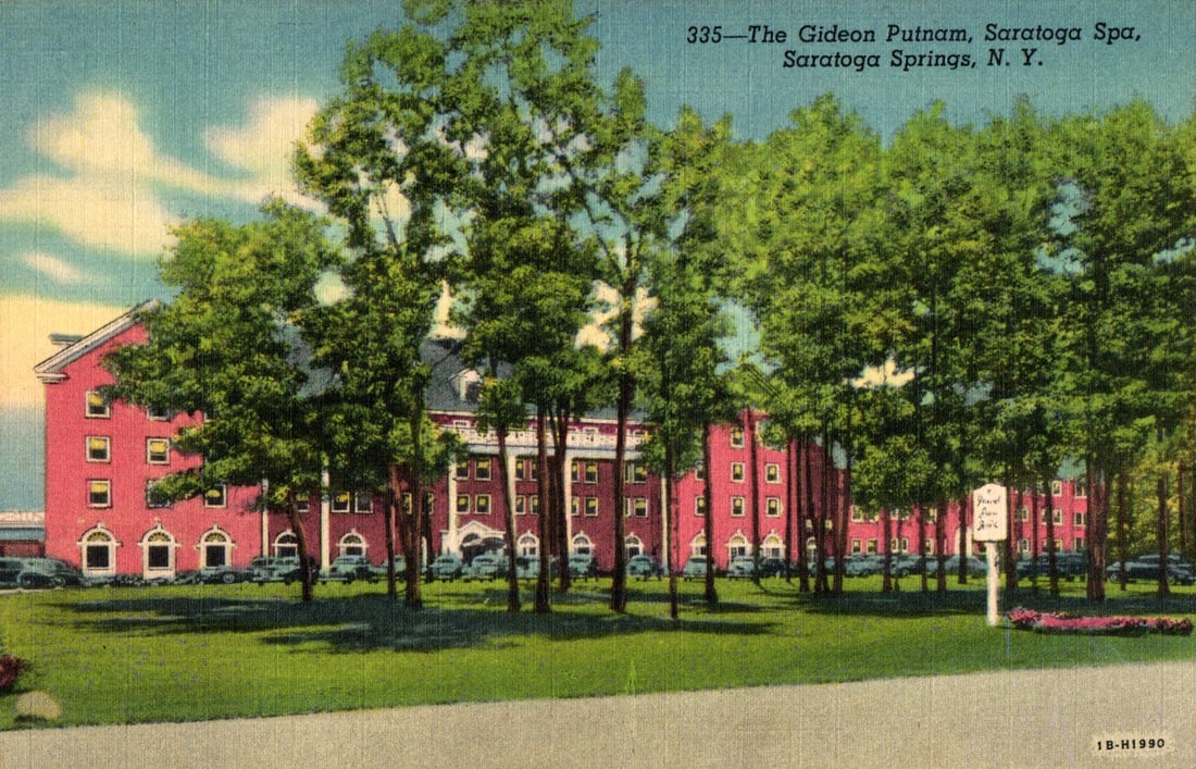 Linen postcard view of The Gideon Putnam hotel, Saratoga Spa, Saratoga Springs, New York, c. 1940s: Please view photos for further description and condition considerations. Please know the scans may be darker or lighter than the actual item's true appearance. ACME Auctions offers FREE DOMESTIC SHIPP