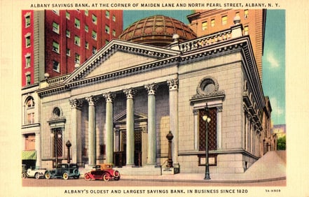 Linen postcard of Albany Savings Bank's classical facade, North Pearl & Maiden Lane, Albany, NY