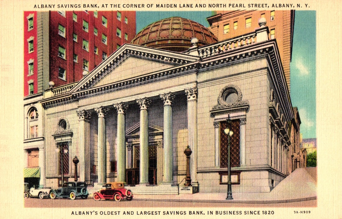 Linen postcard of Albany Savings Bank's classical facade, North Pearl & Maiden Lane, Albany, NY: Please view photos for further description and condition considerations. Please know the scans may be darker or lighter than the actual item's true appearance. ACME Auctions offers FREE DOMESTIC SHIPP