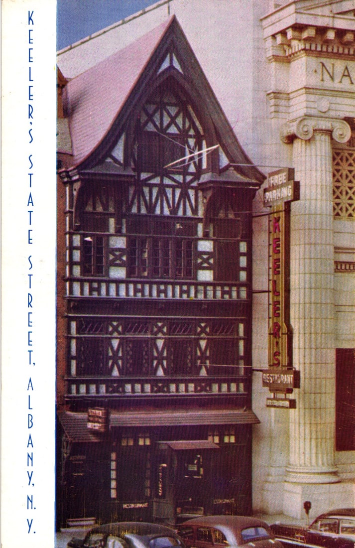 Postcard showing Keeler's State Street Restaurant with its Tudor facade in Albany, New York c. 1950s: Please view photos for further description and condition considerations. Please know the scans may be darker or lighter than the actual item's true appearance. ACME Auctions offers FREE DOMESTIC SHIPP