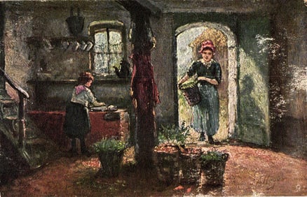 Raphael Tuck & Sons Oilette postcard 'Preparing for the Market' from Flemish Cottage Homes series.