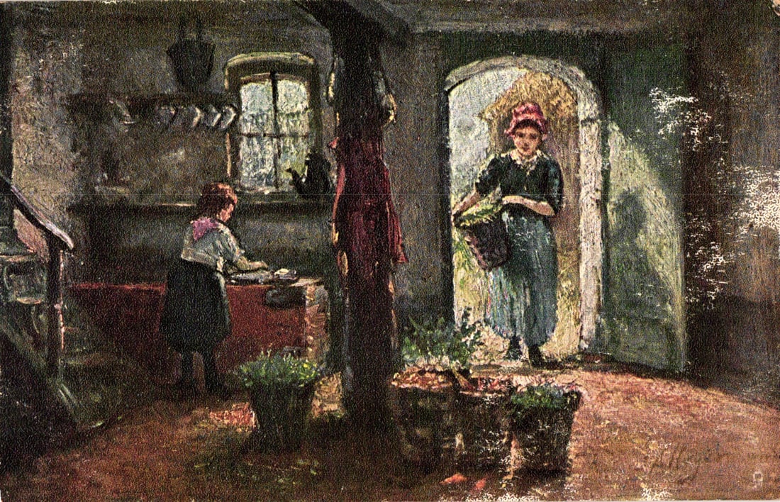 Raphael Tuck & Sons Oilette postcard 'Preparing for the Market' from Flemish Cottage Homes series. (1 of 2)