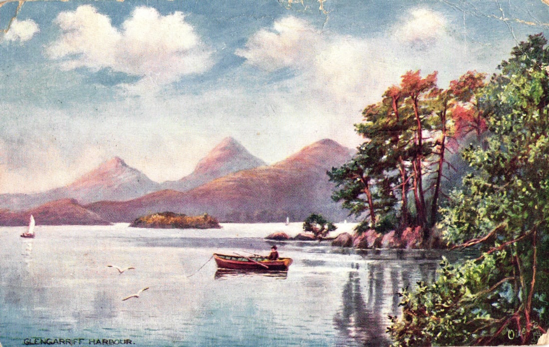 Raphael Tuck & Sons Oilette postcard showing Glengarriff Harbour, Ireland, circa 1911. Man in boat.: Please view photos for further description and condition considerations. Please know the scans may be darker or lighter than the actual item's true appearance. ACME Auctions offers FREE DOMESTIC SHIPP