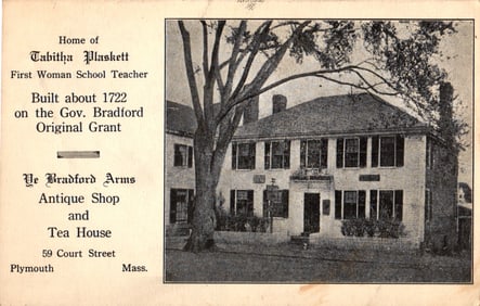 Postcard of the Tabitha Plaskett House, first woman school teacher, Plymouth, Massachusetts c. 1930s