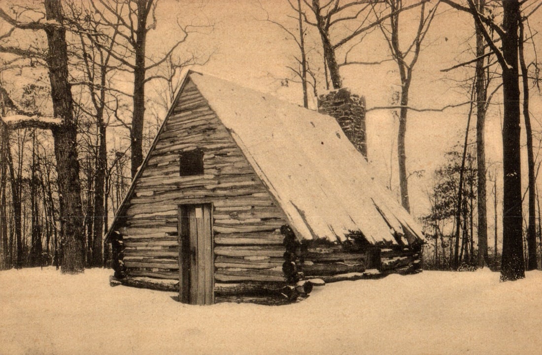 Postcard view of the Soldier's Hut at Valley Forge, Pennsylvania, a historic log cabin in winter: Please view photos for further description and condition considerations. Please know the scans may be darker or lighter than the actual item's true appearance. ACME Auctions offers FREE DOMESTIC SHIPP