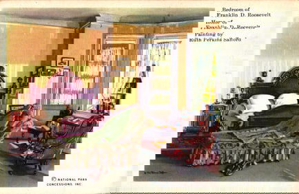 Postcard from a painting by Ruth Perkins Safford showing the bedroom of Franklin D. Roosevelt's